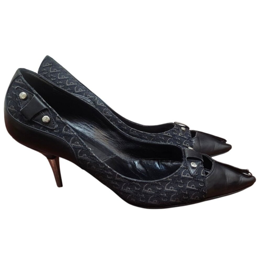 Christian Dior Monogram Heels 36 Black Logo Canvas Leather Pointed Toe Pumps - Picture 5 of 13